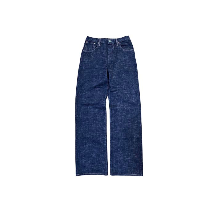 A pair of dark blue indigo denim jeans with a straight-leg fit, shown flat against a solid white background.