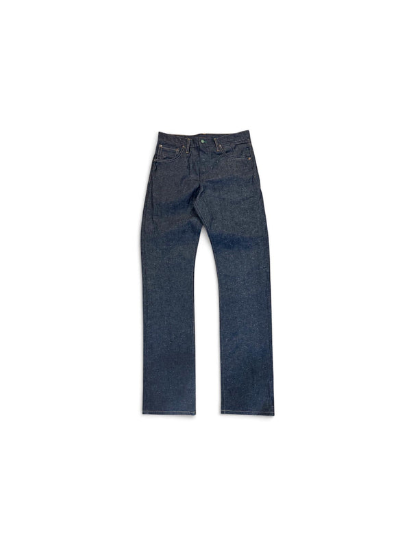 A pair of dark blue denim jeans laid flat against a solid white background.