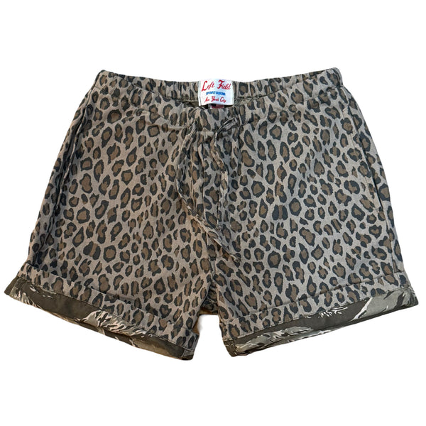 Leopard print shorts with a brand label on a white background