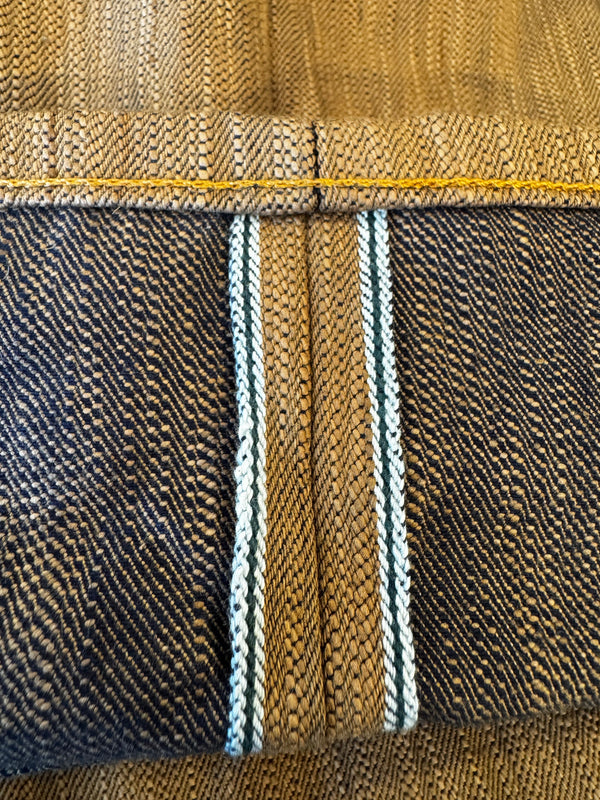 Close-up of fabric with plaid pattern and striped pocket detail