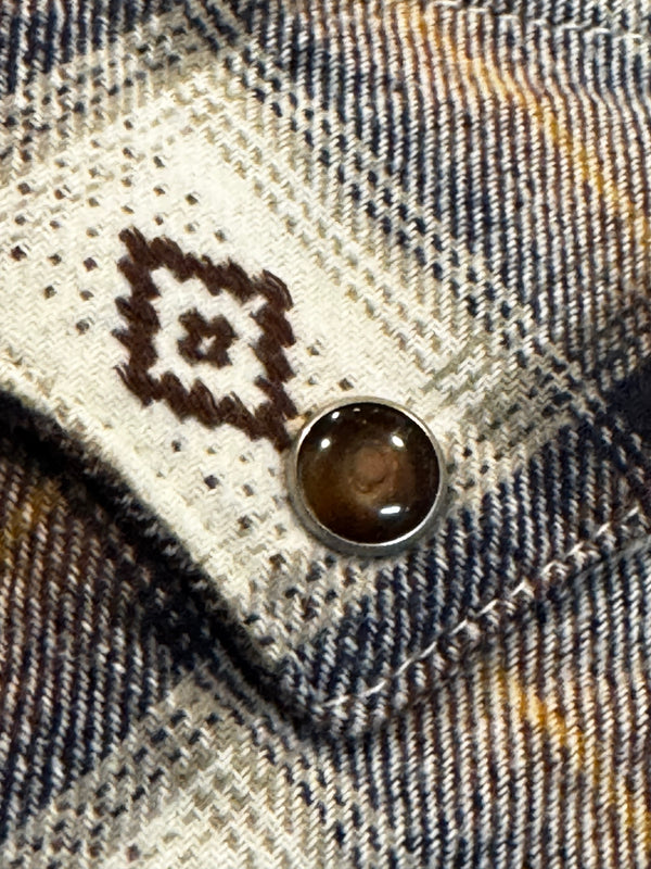 Japanese Western flannel with brown Trocus Pearl snap buttons
