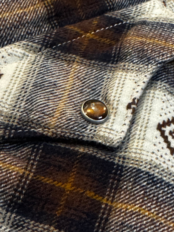 Japanese Western flannel with brown Trocus Pearl snap buttons