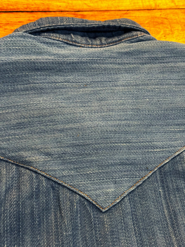 Close-up of a denim fabric with a wooden background