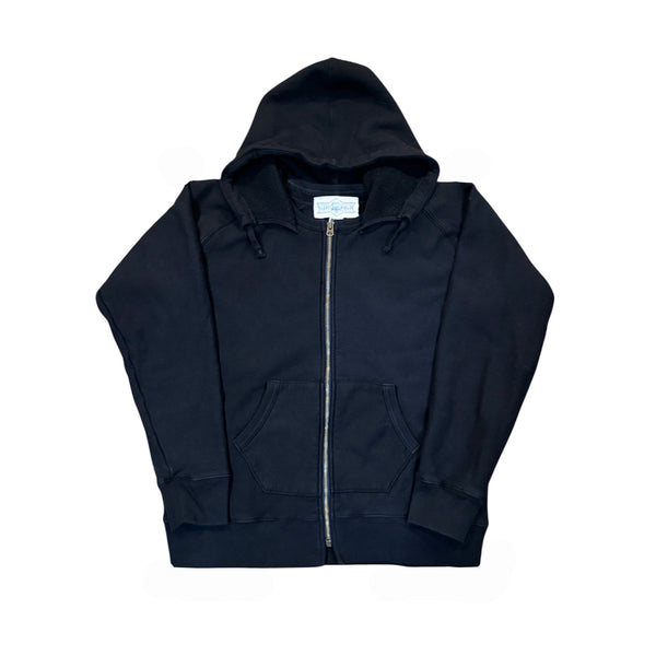 Black hoodie with a brand label on a white background