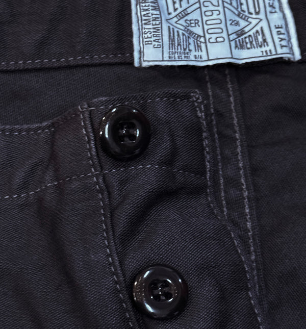 Pre Order - 107 60's era GI chinos in 12 oz West Point Black Baker Back Cotton Satin