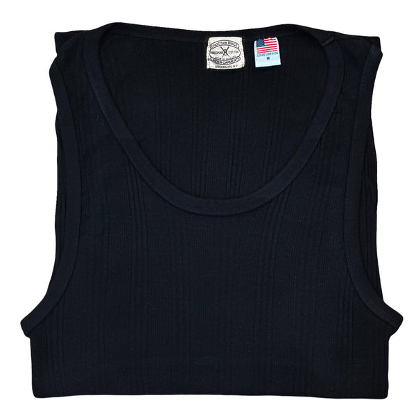 Black tank top with a brand label on a white background
