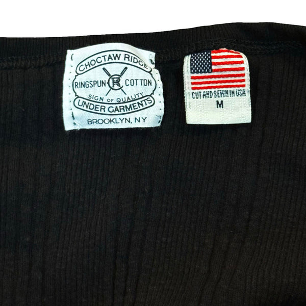 Black underwear with Choctaw Ridge and Ringspun Cotton labels on a white background