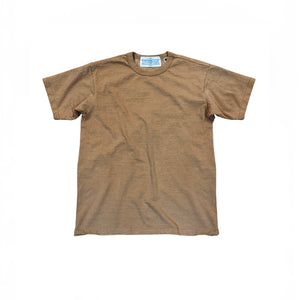 A short-sleeve crewneck t-shirt in a heathered brown or tan color, laid flat against a solid white background.