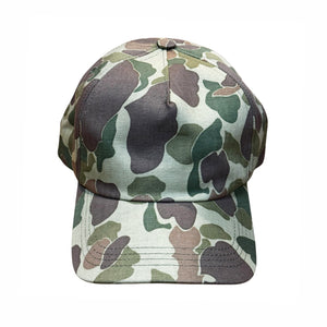 A classic six-panel baseball cap featuring a classic woodland camouflage pattern in green, brown, and beige, shown against a plain white background.