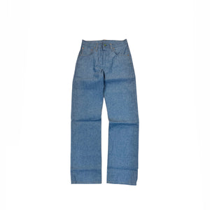 A pair of medium-wash blue denim jeans shown flat against a solid white background.