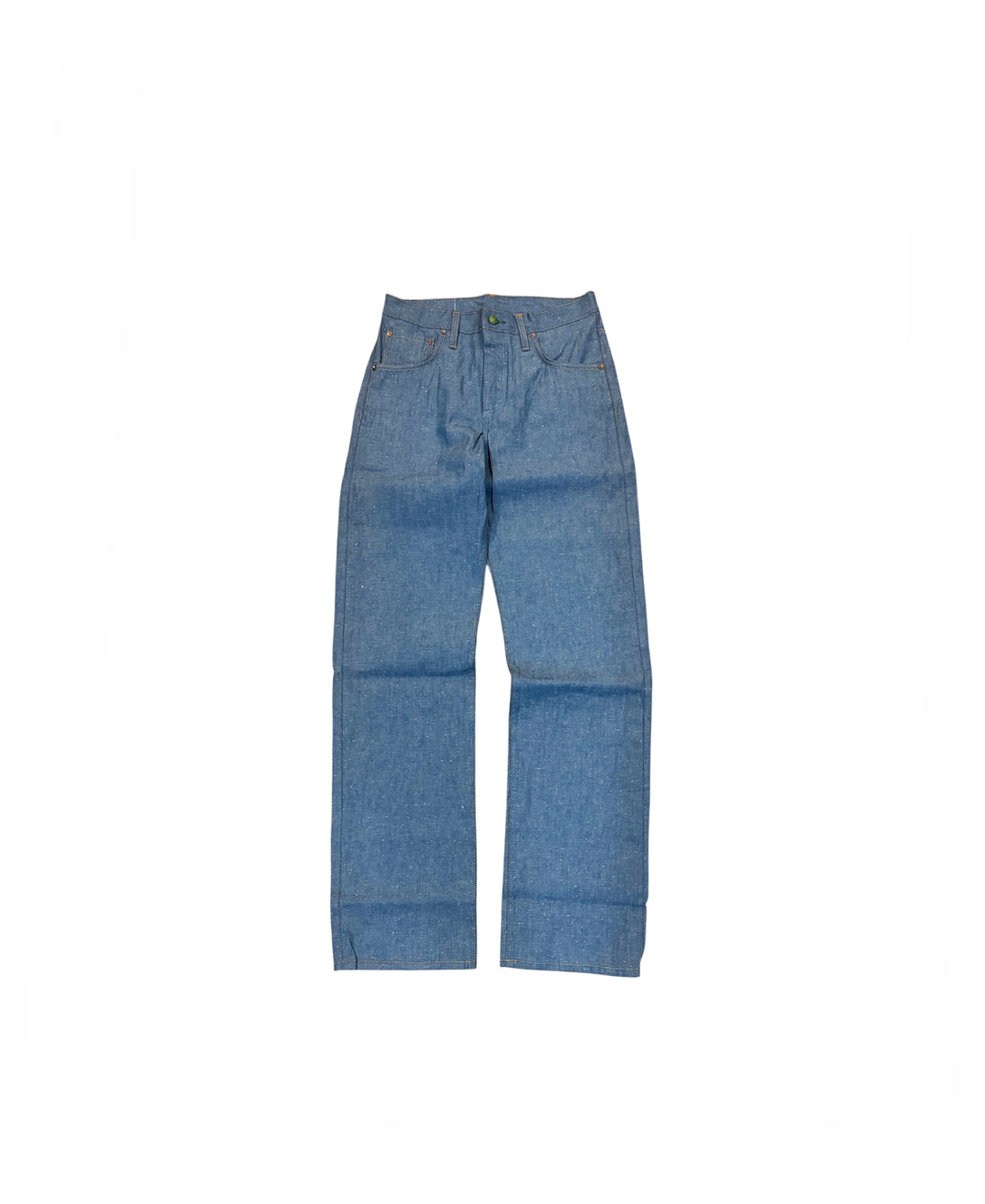 A pair of medium-wash blue denim jeans shown flat against a solid white background.