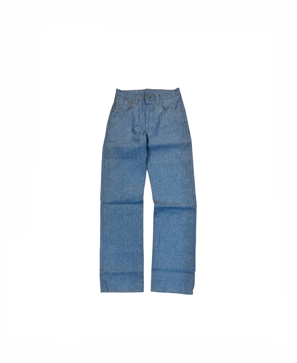 A pair of medium-wash blue denim jeans shown flat against a solid white background.