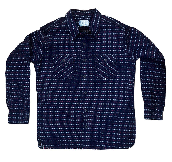 Navy blue patterned shirt on a white background