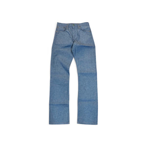 A pair of light blue denim jeans laid flat against a solid white background.