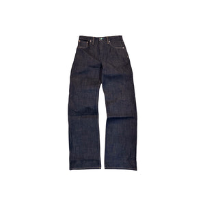 A pair of dark indigo denim jeans laid flat against a solid white background.