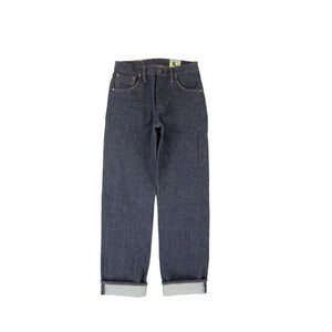 A pair of dark indigo denim jeans with rolled cuffs, displayed flat against a solid white background.