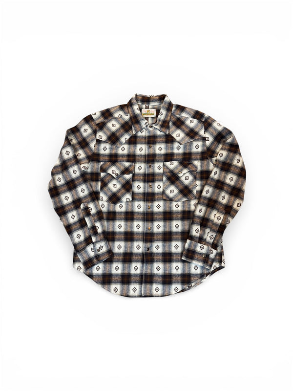 Japanese Western flannel with brown Trocus Pearl snap buttons