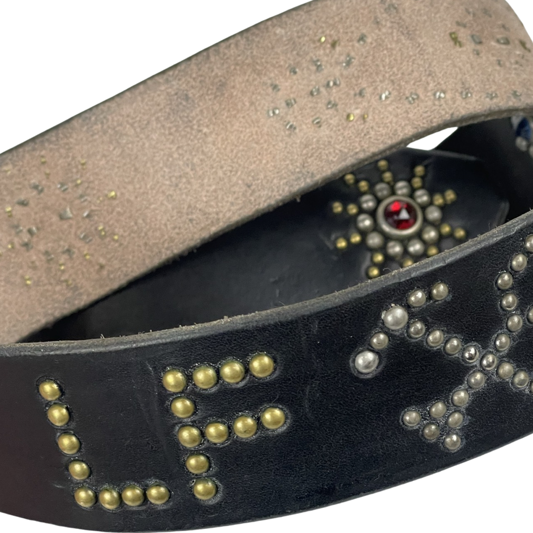 LOUIS VUITTON. Green spiked leather belt, gold metal in France
