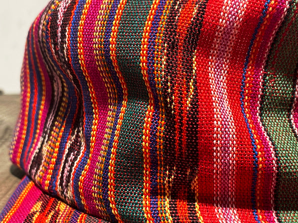 Rockaway beach 5 panel cap made from Guatemalan hand loom fabric in NYC.